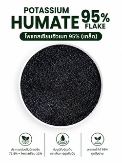 Potassium Humate 95% Flake โพแทสเซียมฮิวเมท คุณภาพสูง แบบเกล็ด (ประกอบด้วยฮิวมิกแอซิด 71.8%+โปตัสเซียม 12%) ช่วยปรับปรุงดินและเพิ่มการดูดซึมปุ๋ย ละลายน้ำได้ 99% บรรจุ 1 กิโลกรัม(R)