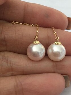 ต่างหูไข่มุกอะโกย่าญี่ปุ่นแท้ 8-8.5 มิล กลม ก้านโซ่ทอง 18k AAA