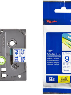 เทปพิมพ์อักษร BROTHER 9 mm. - อักษรน้ำเงินพื้นขาว TZE-223