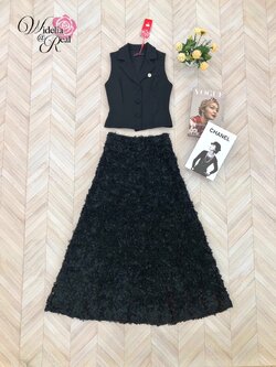 Korea Set เสื้อแขนกุดปกสูทกับกระโปรงยาว ตัวเสื้อผ้าเรียบ สีพื้น