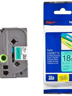 เทปพิมพ์อักษร BROTHER 18 mm. - อักษรดำพื้นเขียว TZE-741