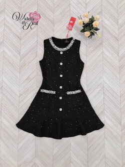 Korea Dress เดรสแขนกุด คอเย็บไข่มุกและเย็บเพชร (ดำ)