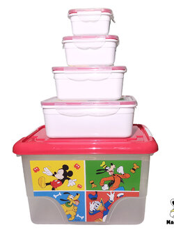 Box Set 5 Mickey Mouse Disney Storage ชุดกล่องสุญญากาศ 5 ใบ มิกกี้เมาส์สีแดง ลายการ์ตูนดิสนีย์ กล่องหูล็อคใบใหญ่