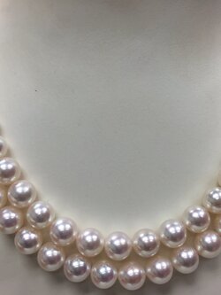 สร้อยไข่มุกอะโกย่าญี่ปุ่นแท้ 9-9.5 มิล ร้อยแบบ 2 ชั้น กลม สีขาวอมชมพู AAA