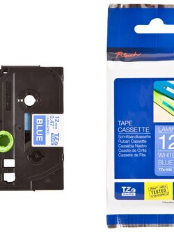 เทปพิมพ์อักษร BROTHER 12 mm. - อักษรขาวพื้นน้ำเงิน TZE-535