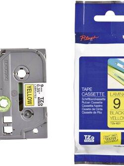 เทปพิมพ์อักษร brother 9mm. อักษรดำพื้นเหลือง TZE-621