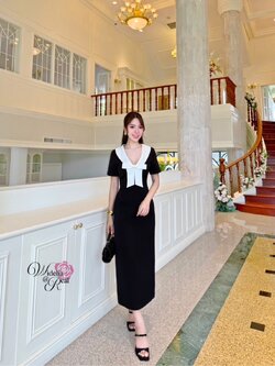 Korea Dress เดรสตัวยาว ทรงสอบ แขนสั้น อกโบว์ขาว