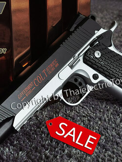 ปืนอัดลมเหล็ก Colt Government ชักยิงทีล่ะนัด สีทูโทน ลำกล้องยาว 7.5 นิ้ว นกสับได้ เซพตี้สไลน์ แมคเหล็ก หนัก 544 กรัม ใช้ลูกกระสุนพลาสติก 6 มิล