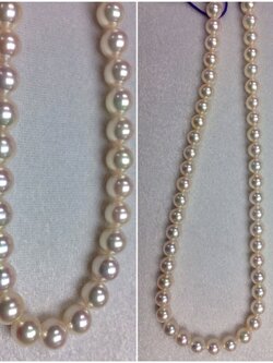 สร้อยคอไข่มุกอโกย่า ญี่ปุ่น 8-8.5 มิล กลม สีขาวอมชมพูอมส้มสว่าง, AA-AA+