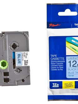 เทปพิมพ์อักษร BROTHER 12 mm. - อักษรดำพื้นน้ำเงิน TZE-531