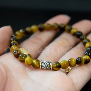 สร้อยข้อมือไทเกอร์อายส์แท้ 6mm คั่นด้วยเงินแท้ลายกราฟฟิก Sterling Silver 925 NSBL2104