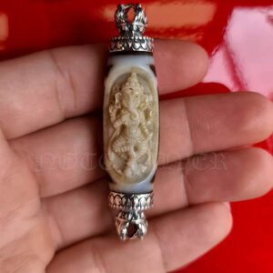 เลี่ยมหินทิเบต หัวและท้ายลายวัชระ Sterling Silver 925 NSSV3247