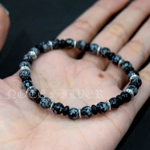 สร้อยข้อมือหิน สโนวเฟล็ก (Snowflake Obsidian) สลับเงินแท้และกะลาตาเดียว ปลุกเสกแล้ว วัดศีรษะทอง (วัดพระราหู) NSSV2050
