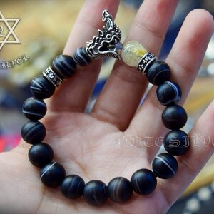 ข้อมือหินเบนเดด bendad ประดับชาร์มเศียรพญานาคเศียรใหญ่คาบหินไหมทอง Sterling Silver 925 NSSV2773