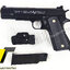 ปืนอัดลมพลาสติก 1911 ชักยิงทีล่ะนัด ลำกล้องยาว 7.5 นิ้ว หนัก 318 กรัม มีไฟฉาย เลเซอร์